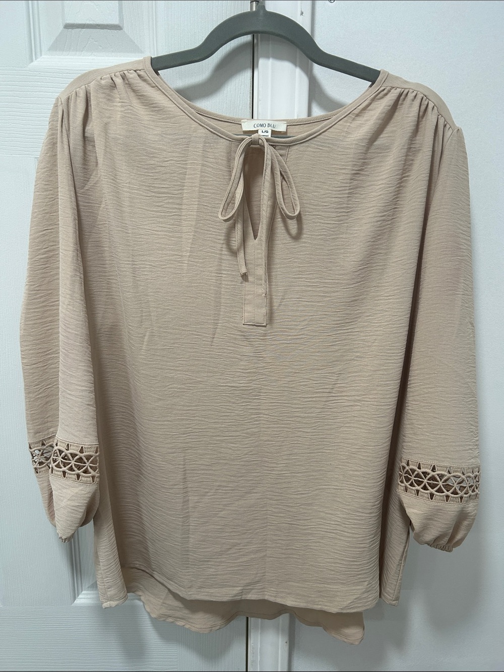 Como Blu Tie-Neck Blouse in Light Beige with Crochet Sleeve Detail